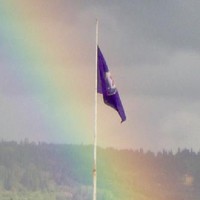 Rainbow behind Fiorentina's flag, Firenze, Italy, 2005
