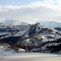 Snow mountains and Lake Hime-Sayuri (Ohtani dam) -Sanjo, Niigata pref, Japan