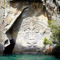 Maori Rock Carving at Mine Bay on Lake Taupo, NZ