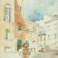 Watercolor painting of a european courtyard with a well by Smithsonian