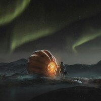 Person standing by glowing object under aurora borealis by Vadim Sadovski