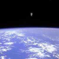 Astronaut Bruce McCandless II as he floated away, untethered, from the Shuttle