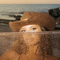 A woman in a brown cowboy hat behind a shimmering gold veil at the beach by sammy swae