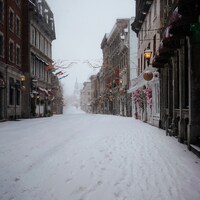 Snow-covered street lined with historic buildings by Maëva Vigier