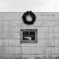 Wreath hanging above a window on corrugated wall by Phil Harvey
