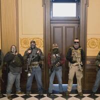 Unarmed protestors holding only signs in Michigan State Capitol building, 2020