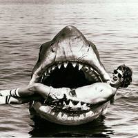 Steven Spielberg fooling around on the set of Jaws, 1975