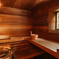 A wooden sauna interior with tiered benches, a bucket, and a forest view by Clay Banks